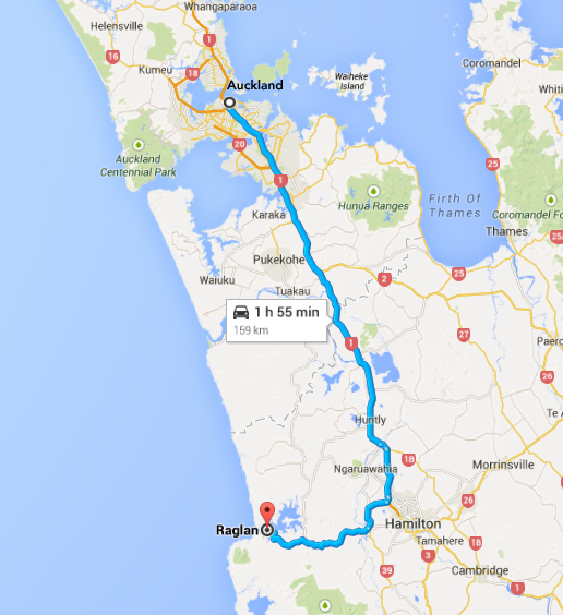 Auckland to Raglan map