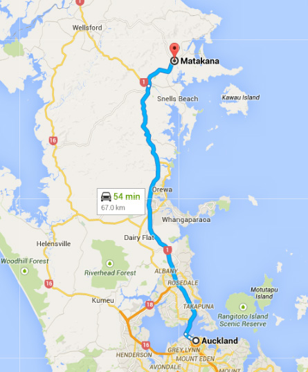 map Auckland to Matakana